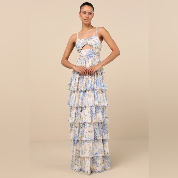 Lulus Dresses & Skirts - Lulus Arata Beige Blue Floral Cutout Tiered Maxi Dress size XL Sheer Big Florals